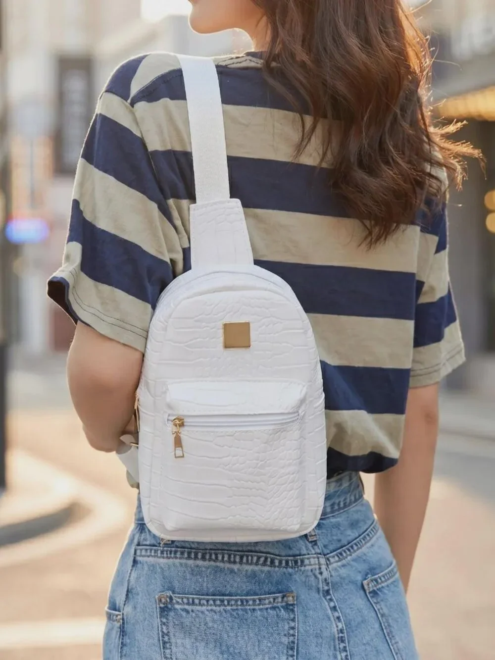 White Croco Embossed Mini Backpack Faux Leather Sling Bag